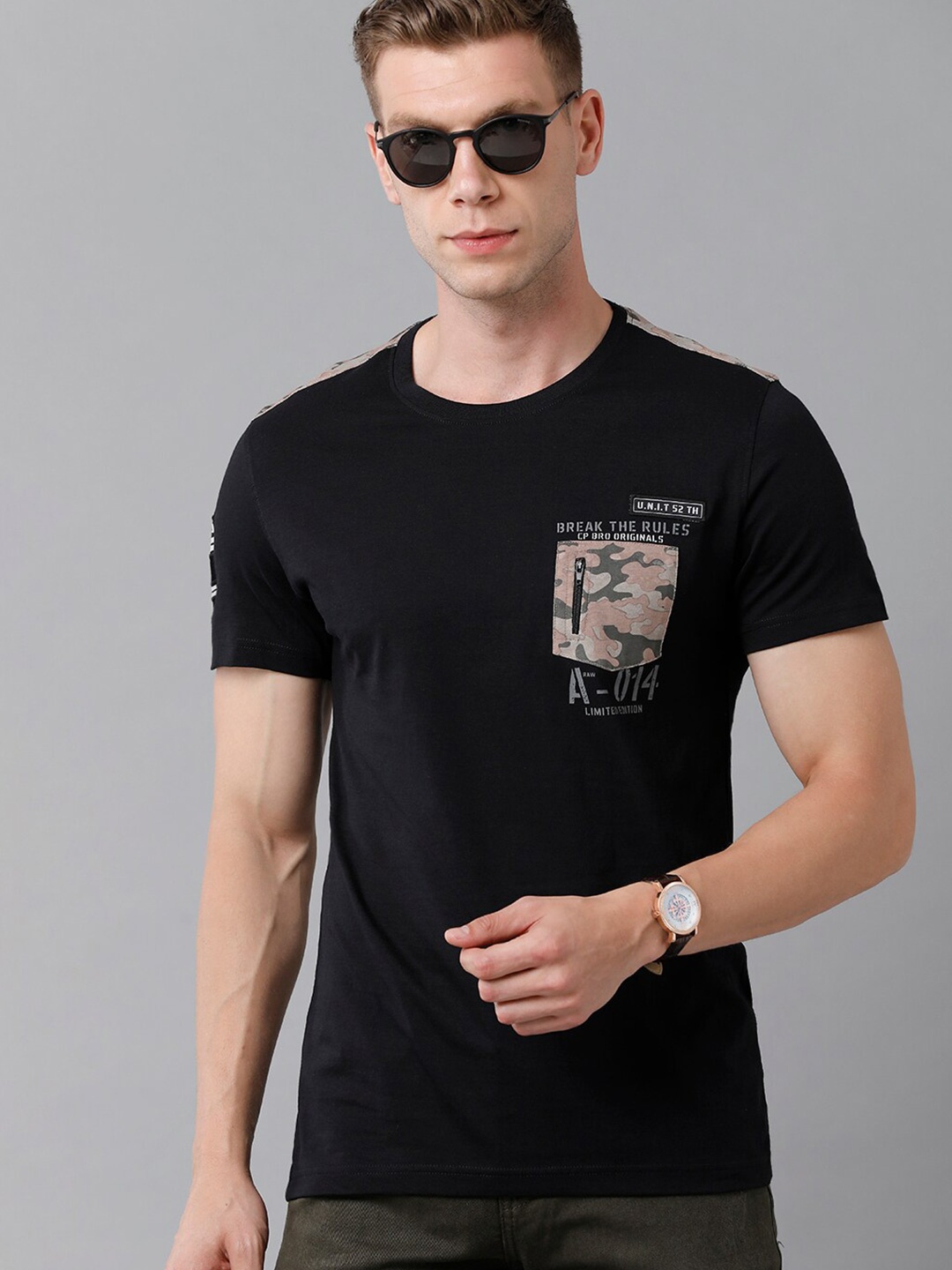 

CP BRO Men Black Typography Printed Applique Slim Fit Cotton T-shirt