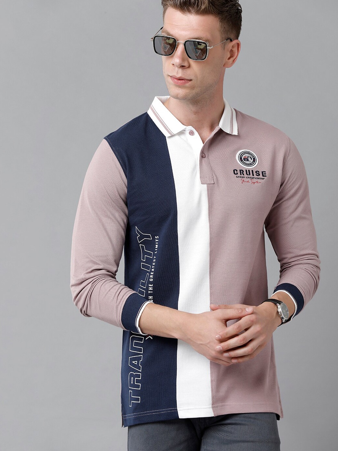 

CP BRO Men Lavender & Navy Blue Colourblocked Polo Collar Cotton T-shirt