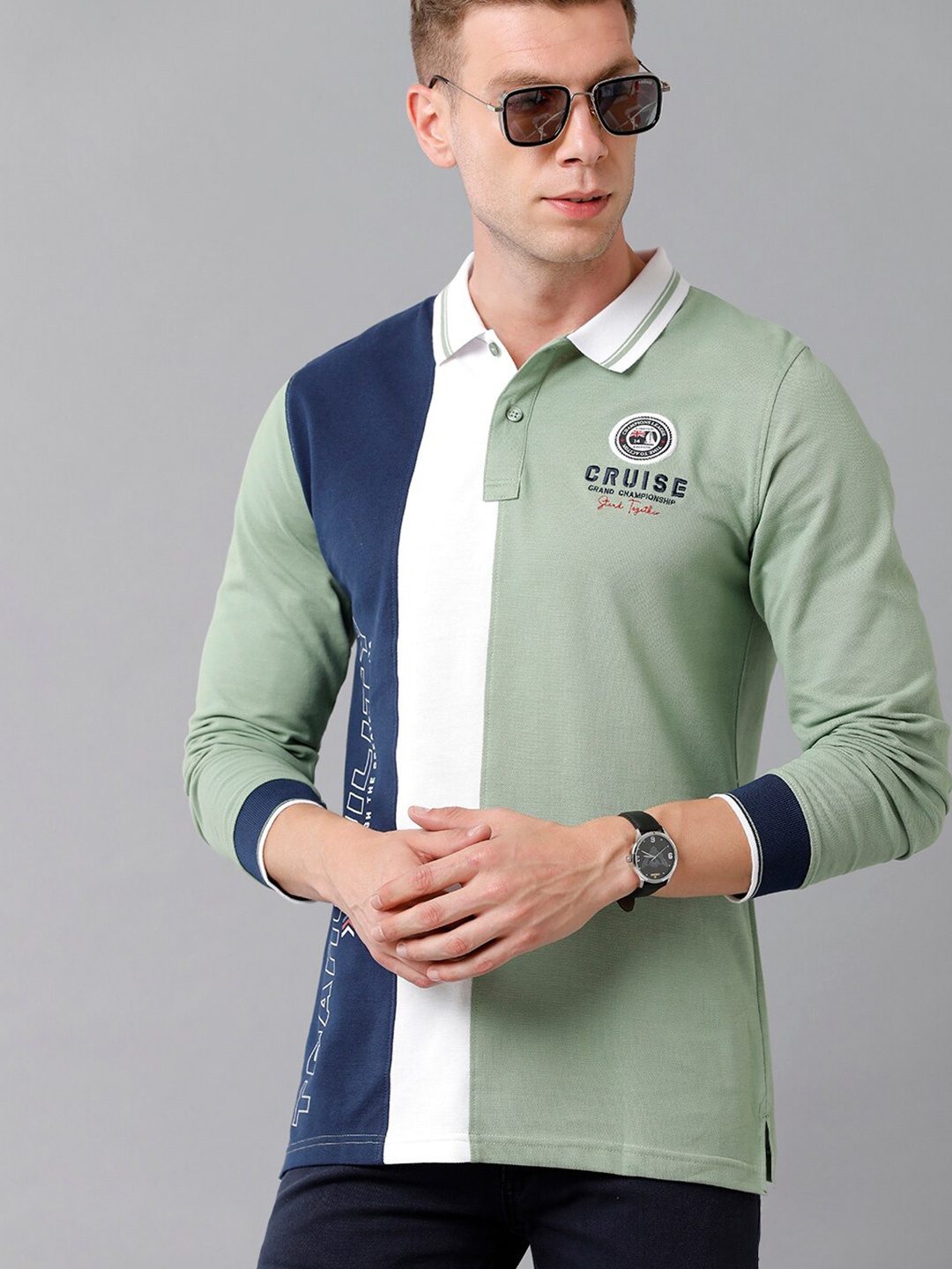 

CP BRO Men Green & Navy Blue Colourblocked Polo Collar Slim Fit Cotton T-shirt