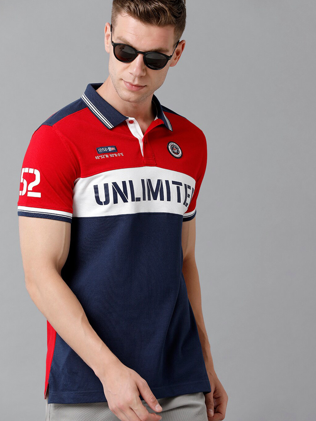 

CP BRO Men Red & Navy Blue Colourblocked Polo Collar Slim Fit T-shirt
