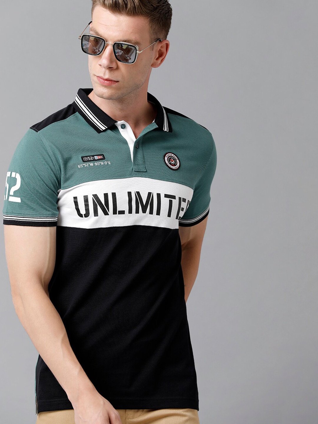 

CP BRO Men Green Colourblocked Polo Collar Slim Fit Cotton T-shirt
