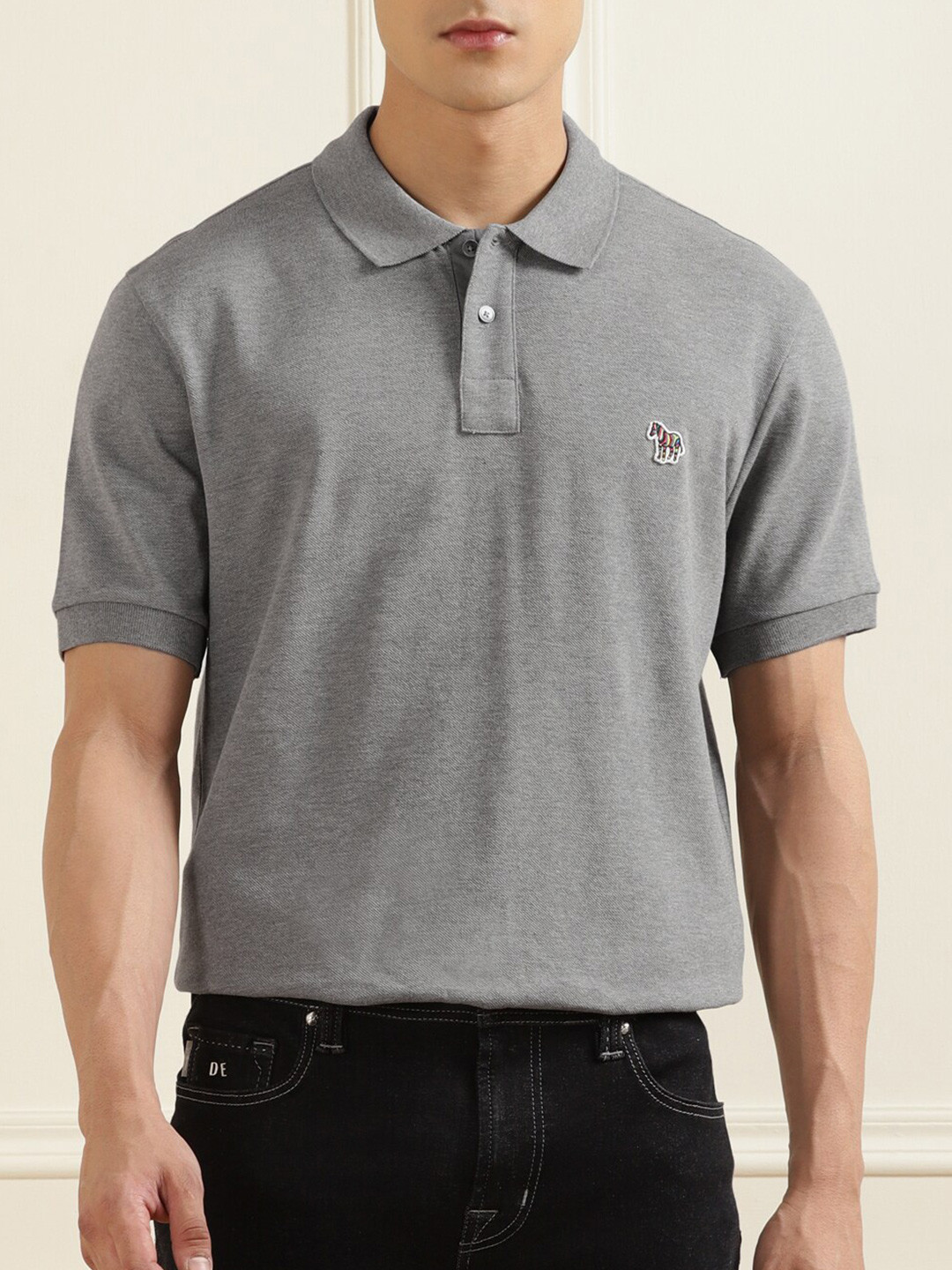 

PS By Paul Smith Men Grey Polo Collar Pure Cotton T-shirt