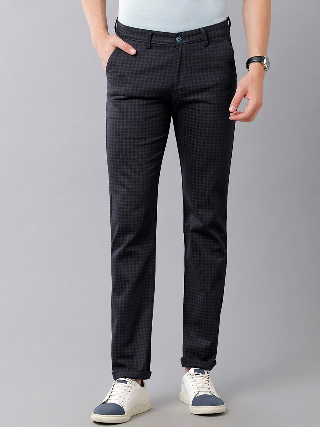

Classic Polo Men Navy Blue Checked Classic Slim Fit Cotton Trouser