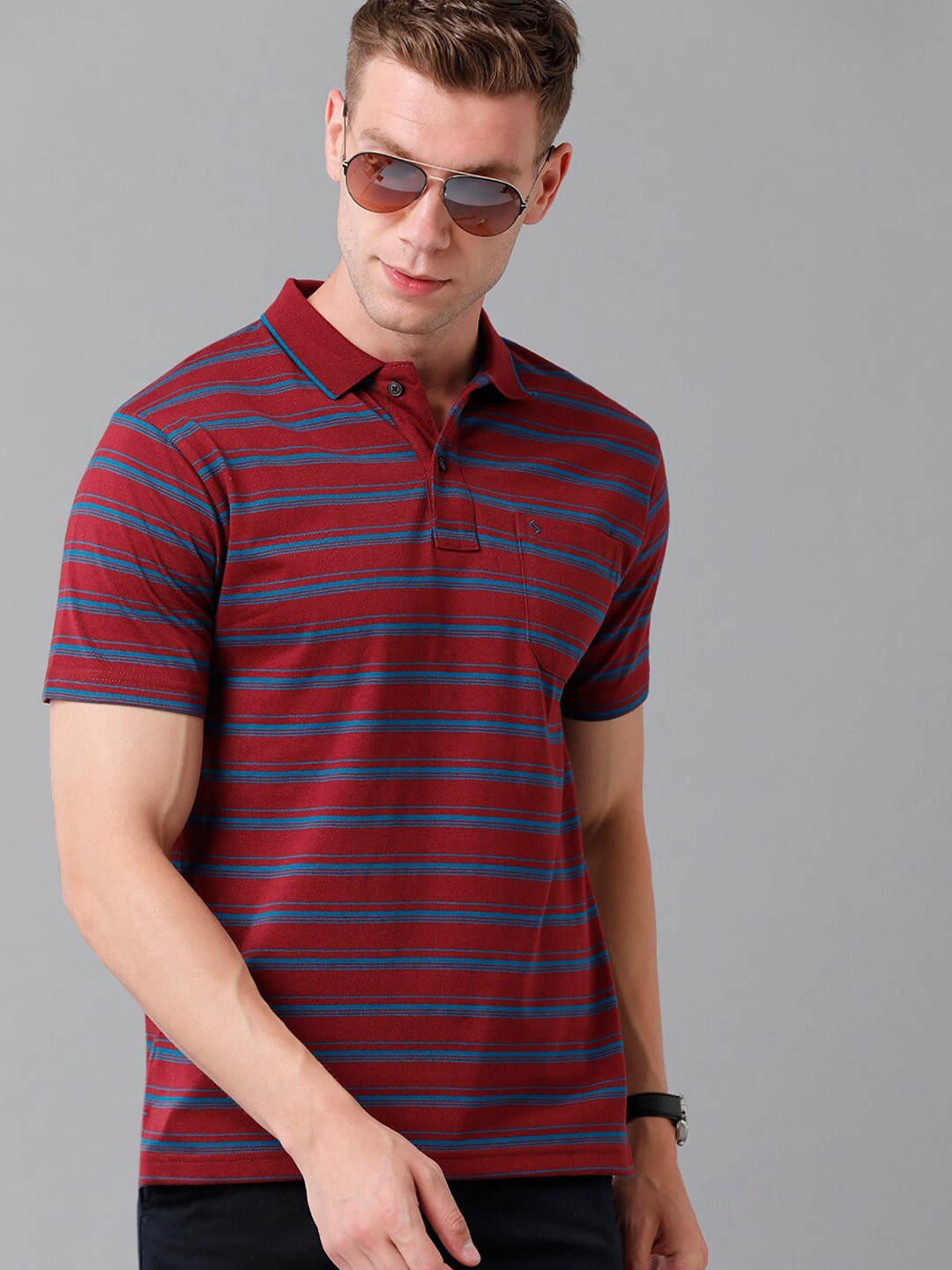 

Classic Polo Men Maroon Striped Polo Collar Cotton T-shirt