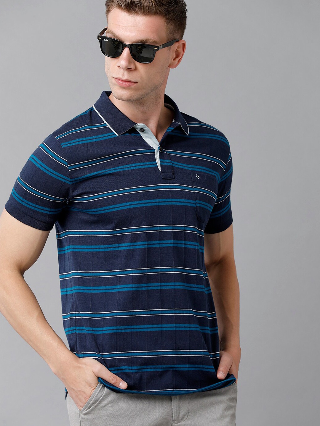 

Classic Polo Men Navy Blue Striped Polo Collar Slim Fit Cotton T-shirt