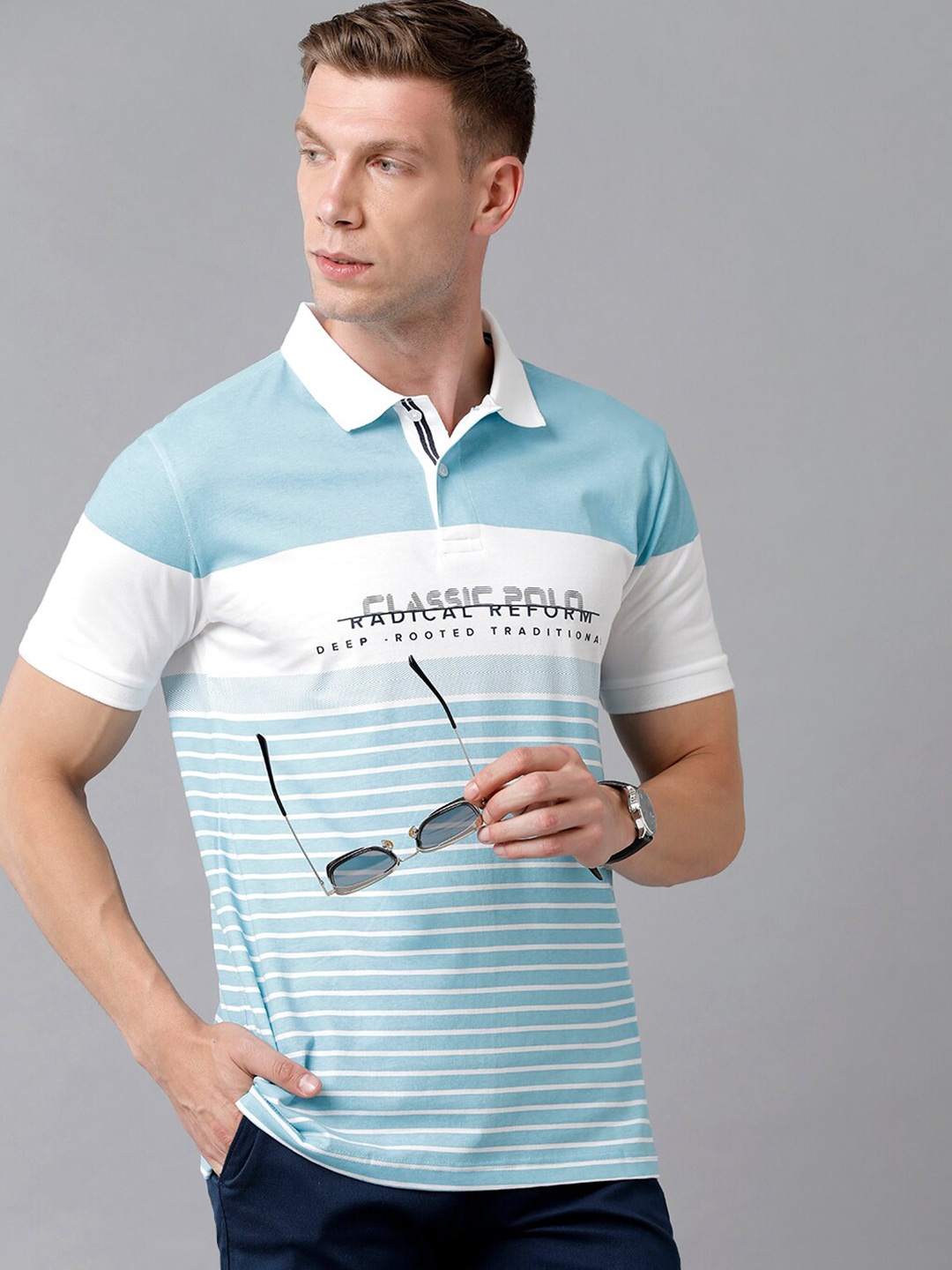 

Classic Polo Men Blue & White Striped Polo Collar Slim Fit Cotton T-shirt