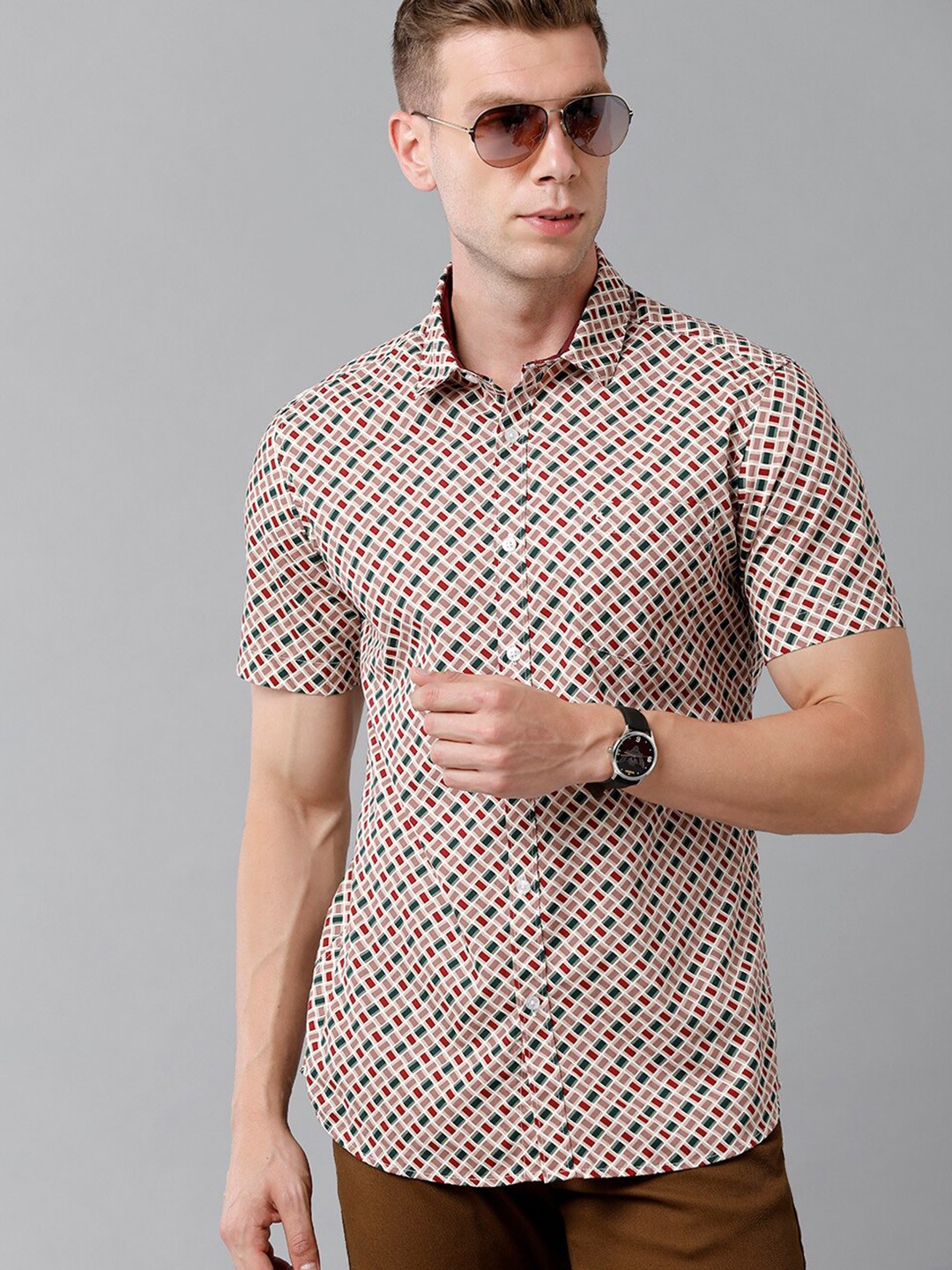 

Classic Polo Men Beige Classic Slim Fit Printed Casual Cotton Shirt