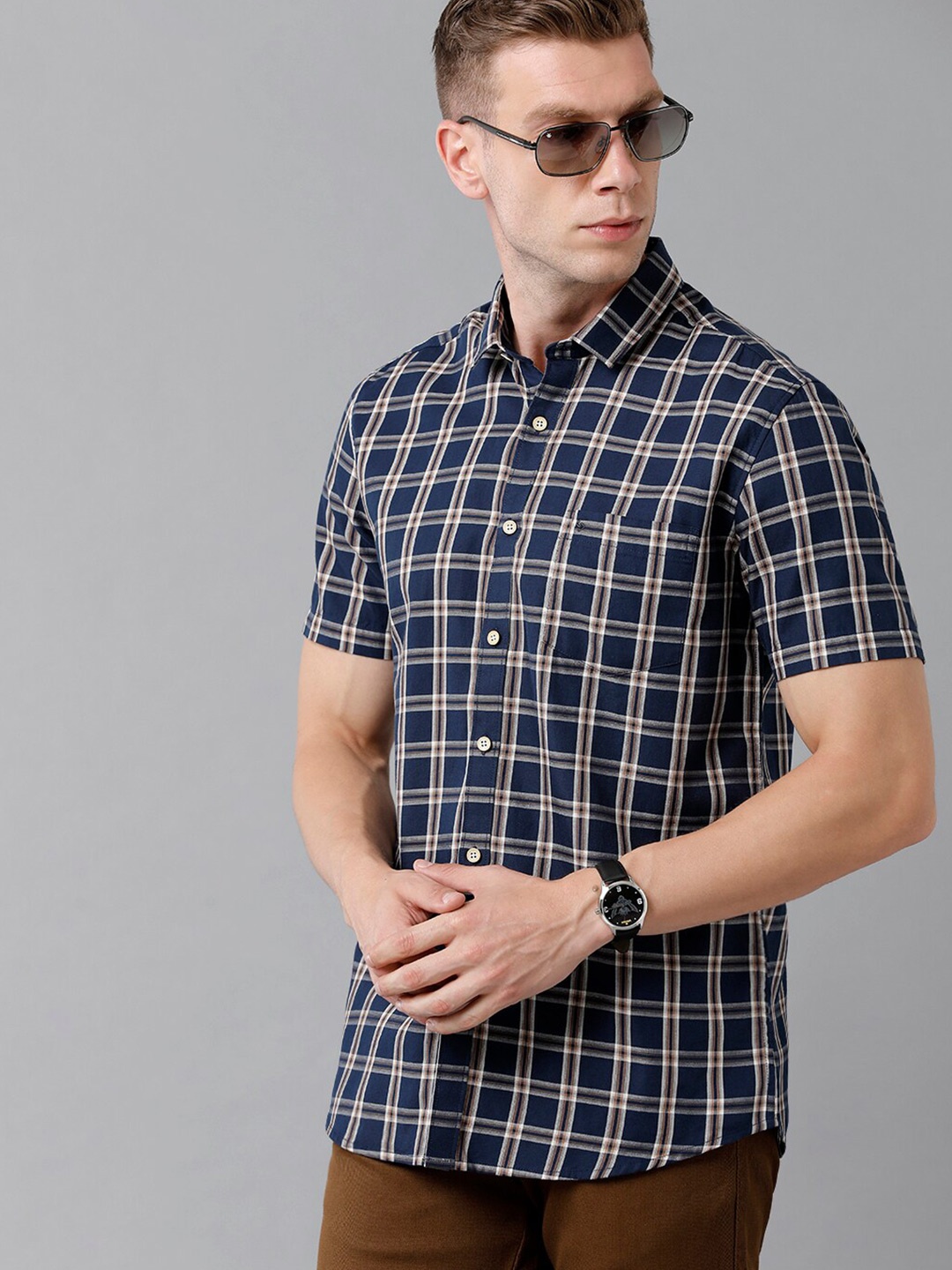 

Classic Polo Men Navy Blue Classic Slim Fit Tartan Checked Casual Cotton Shirt