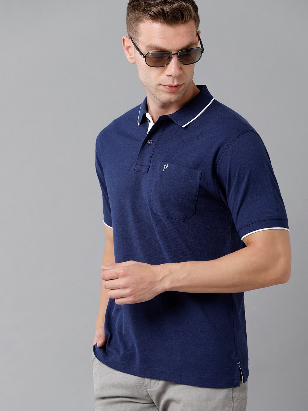 

Classic Polo Men Navy Blue Polo Collar Cotton T-shirt