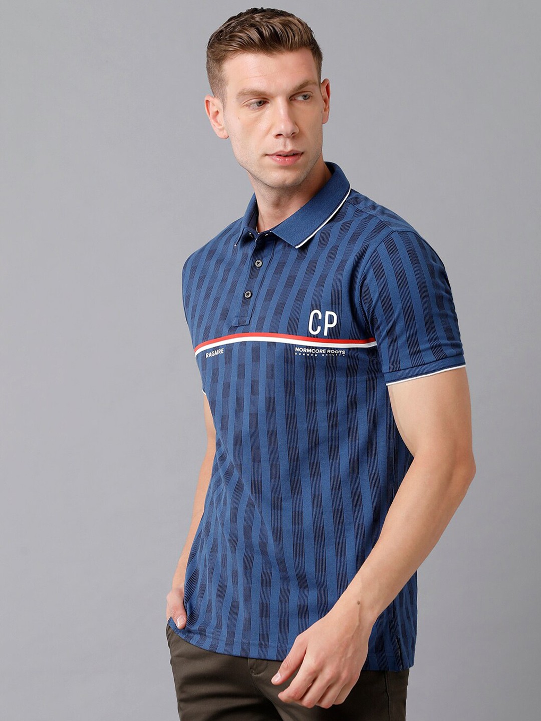 

Classic Polo Men Blue Striped Polo Collar Slim Fit Cotton T-shirt