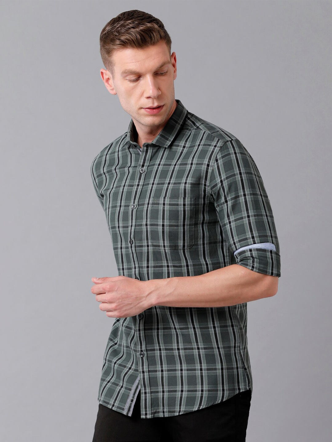 

Classic Polo Men Olive Green Classic Slim Fit Tartan Checked Casual Cotton Shirt