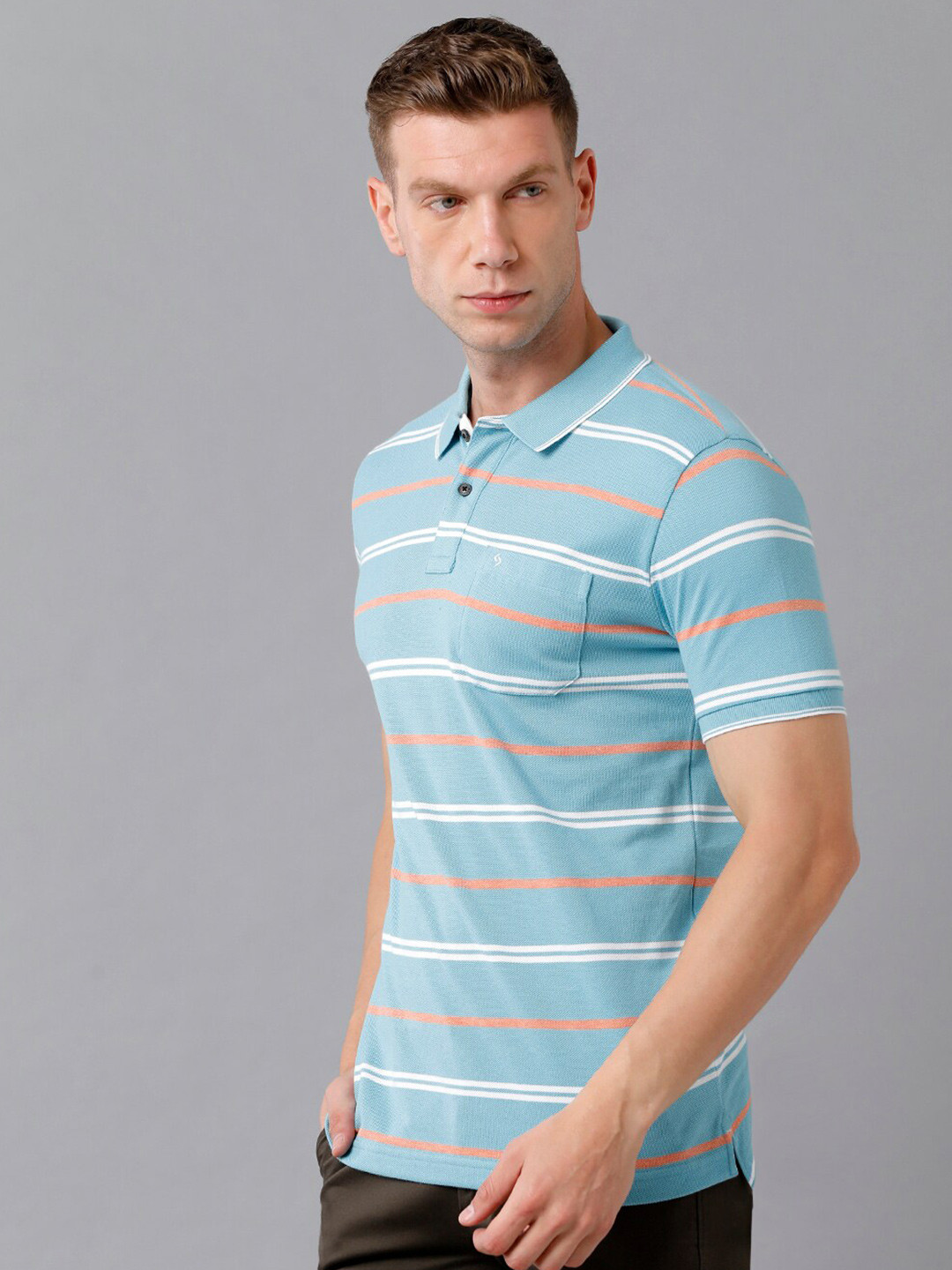 

Classic Polo Men Blue Striped Polo Collar Slim Fit Cotton T-shirt
