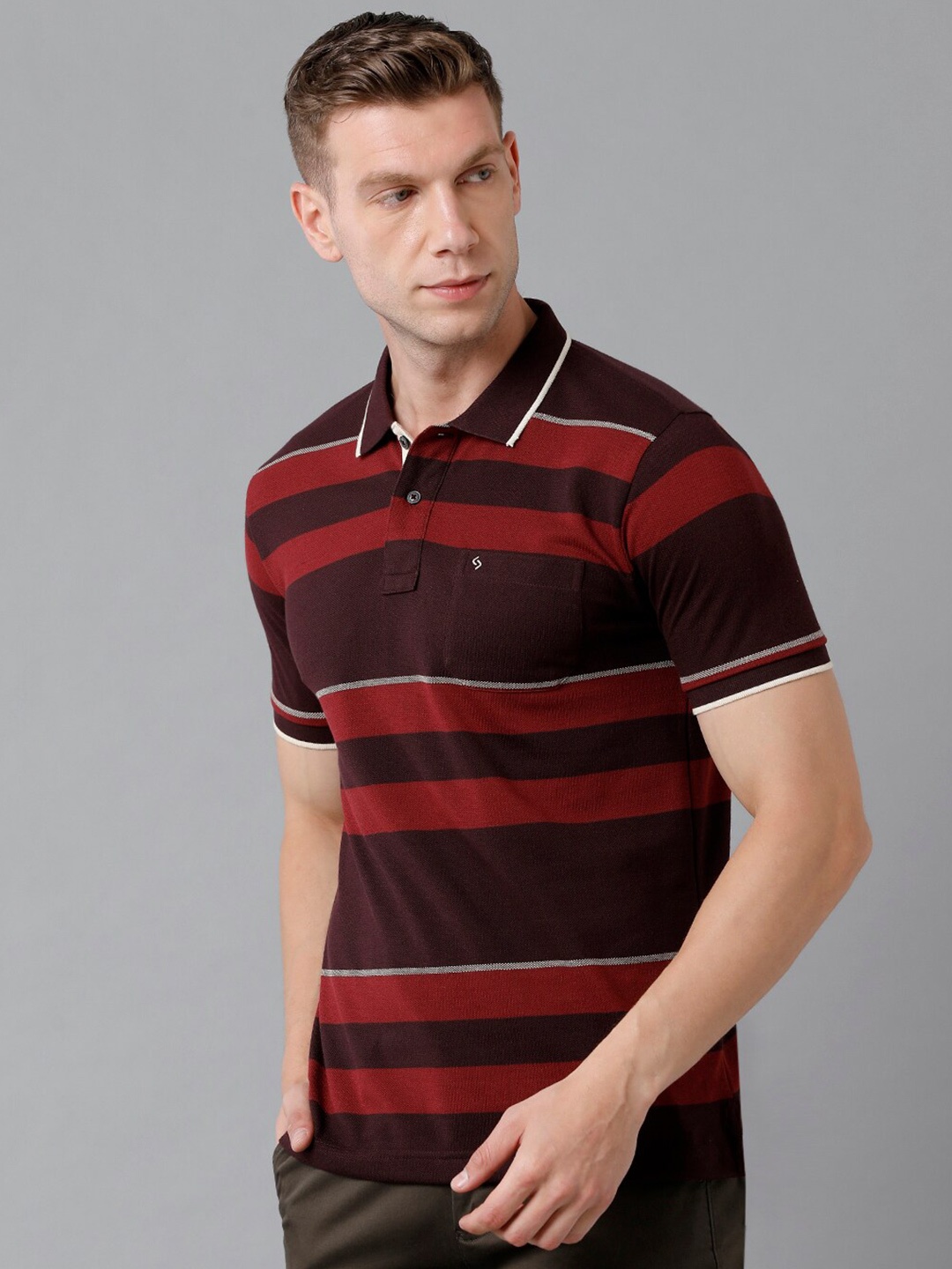 

Classic Polo Men Maroon Striped Polo Collar Slim Fit Cotton T-shirt