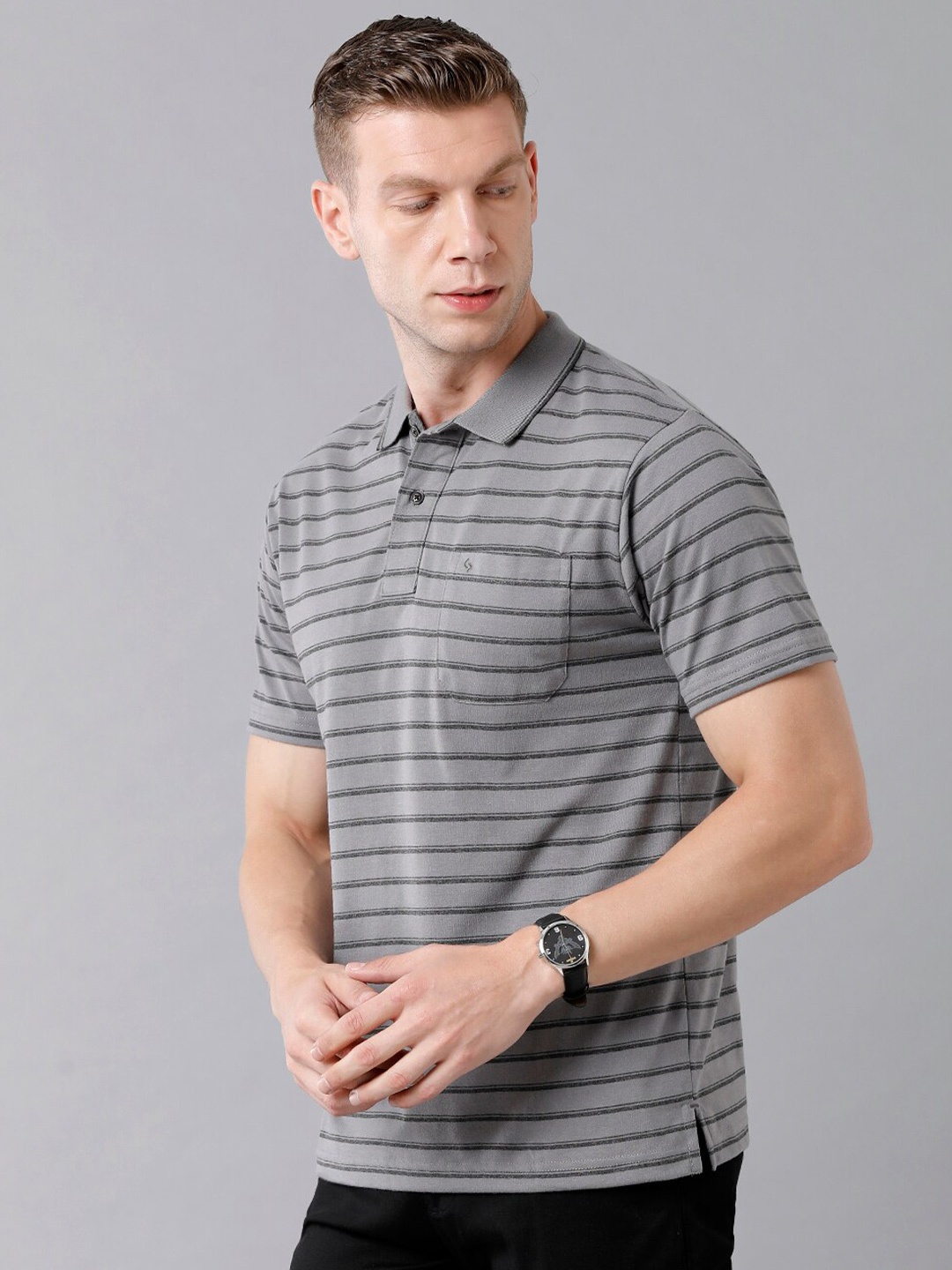 

Classic Polo Men Grey Striped Polo Collar Cotton T-shirt