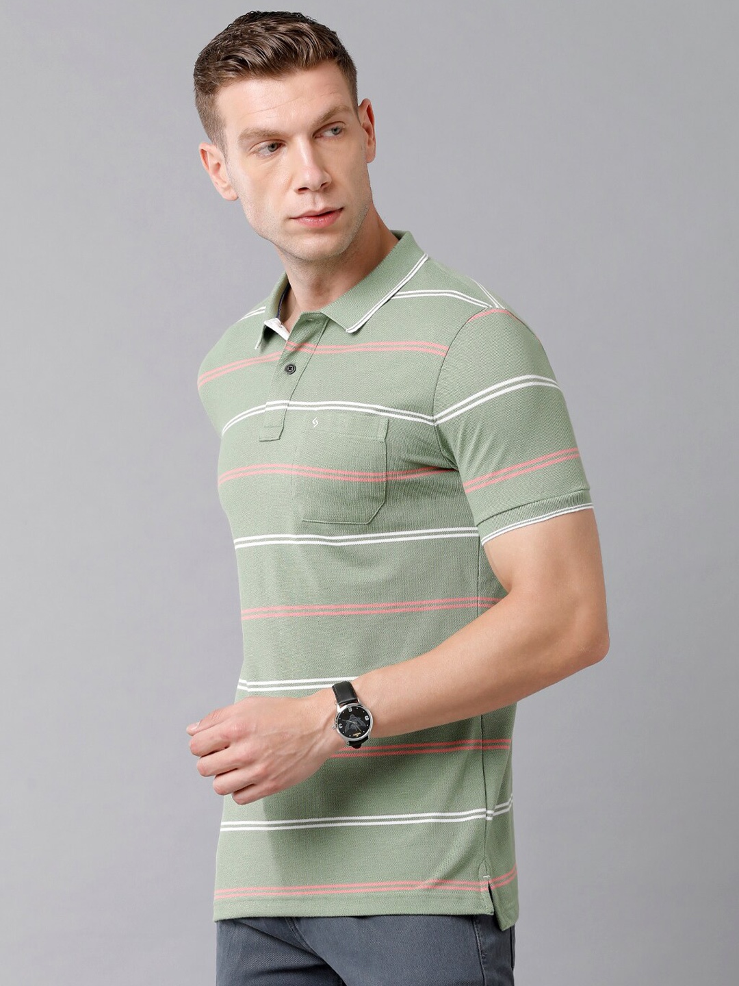 

Classic Polo Men Green Striped Polo Collar Slim Fit Cotton T-shirt