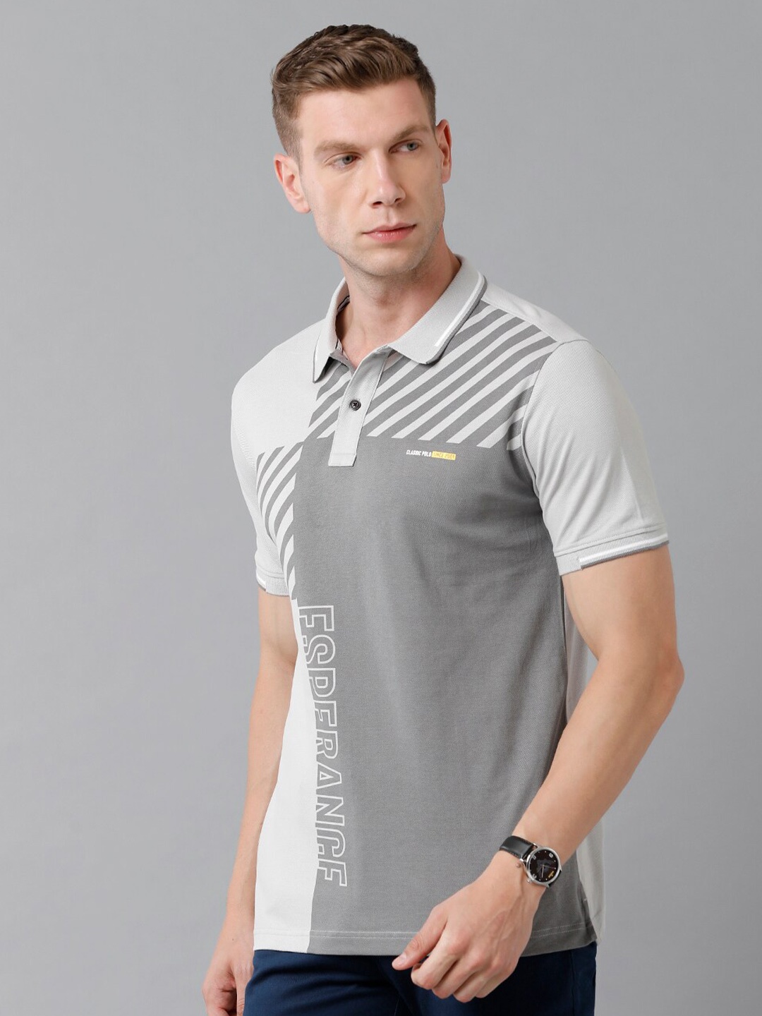 

Classic Polo Men Grey Typography Polo Collar Slim Fit Cotton T-shirt