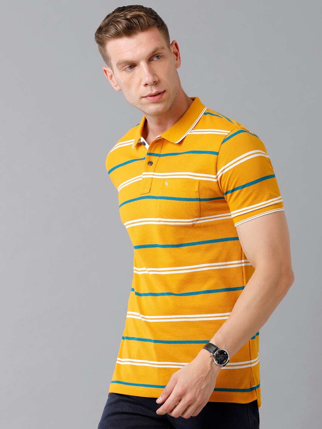 

Classic Polo Men Yellow Striped Polo Collar Slim Fit Cotton T-shirt