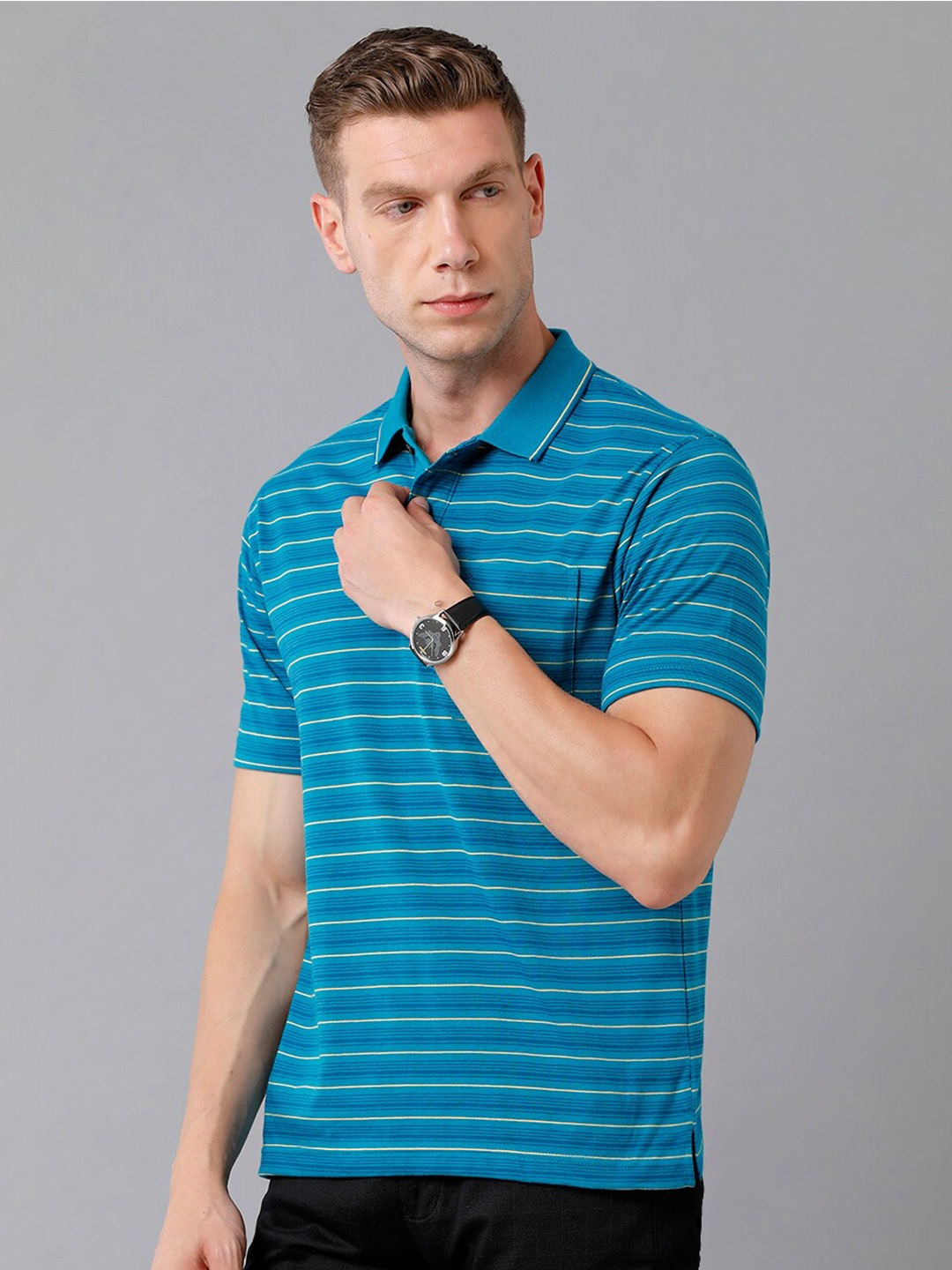 

Classic Polo Men Blue Striped Polo Collar Cotton T-shirt