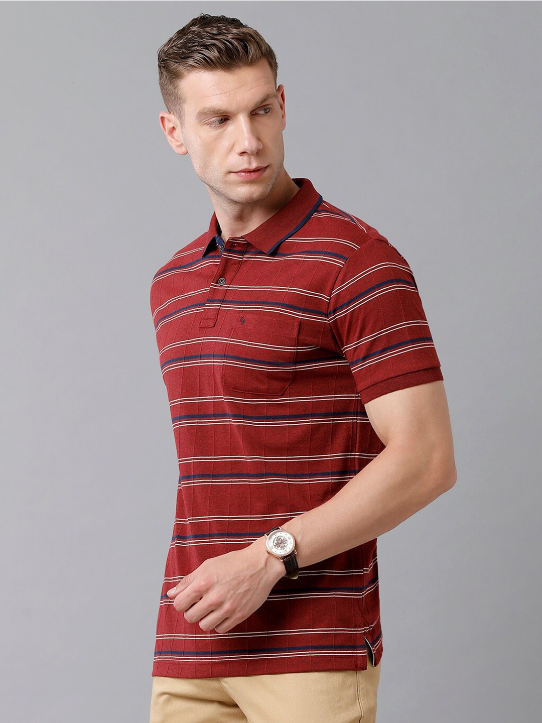 

Classic Polo Men Maroon Striped Polo Collar Slim Fit Cotton T-shirt