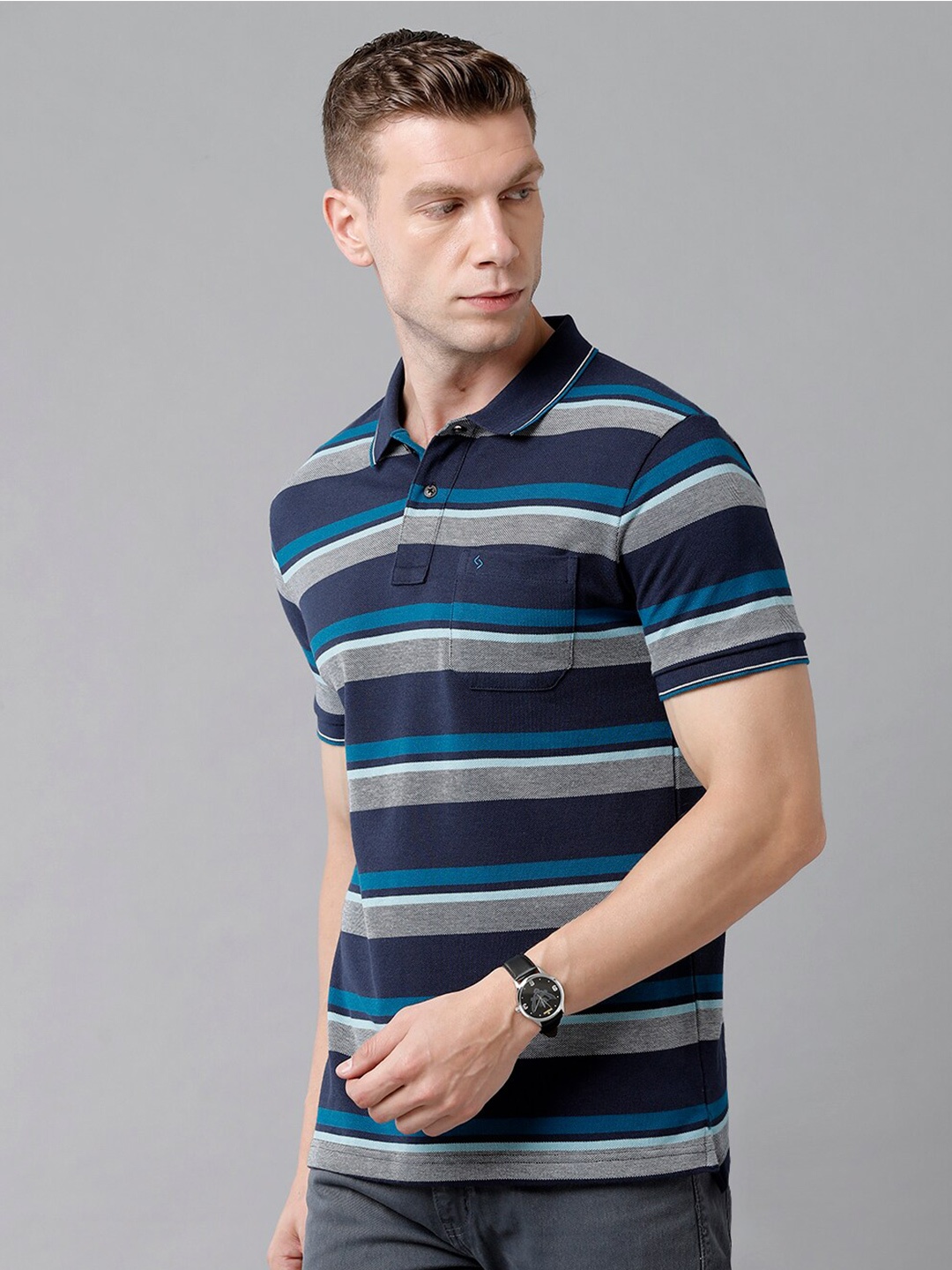 

Classic Polo Men Navy Blue Striped Polo Collar Slim Fit Cotton T-shirt