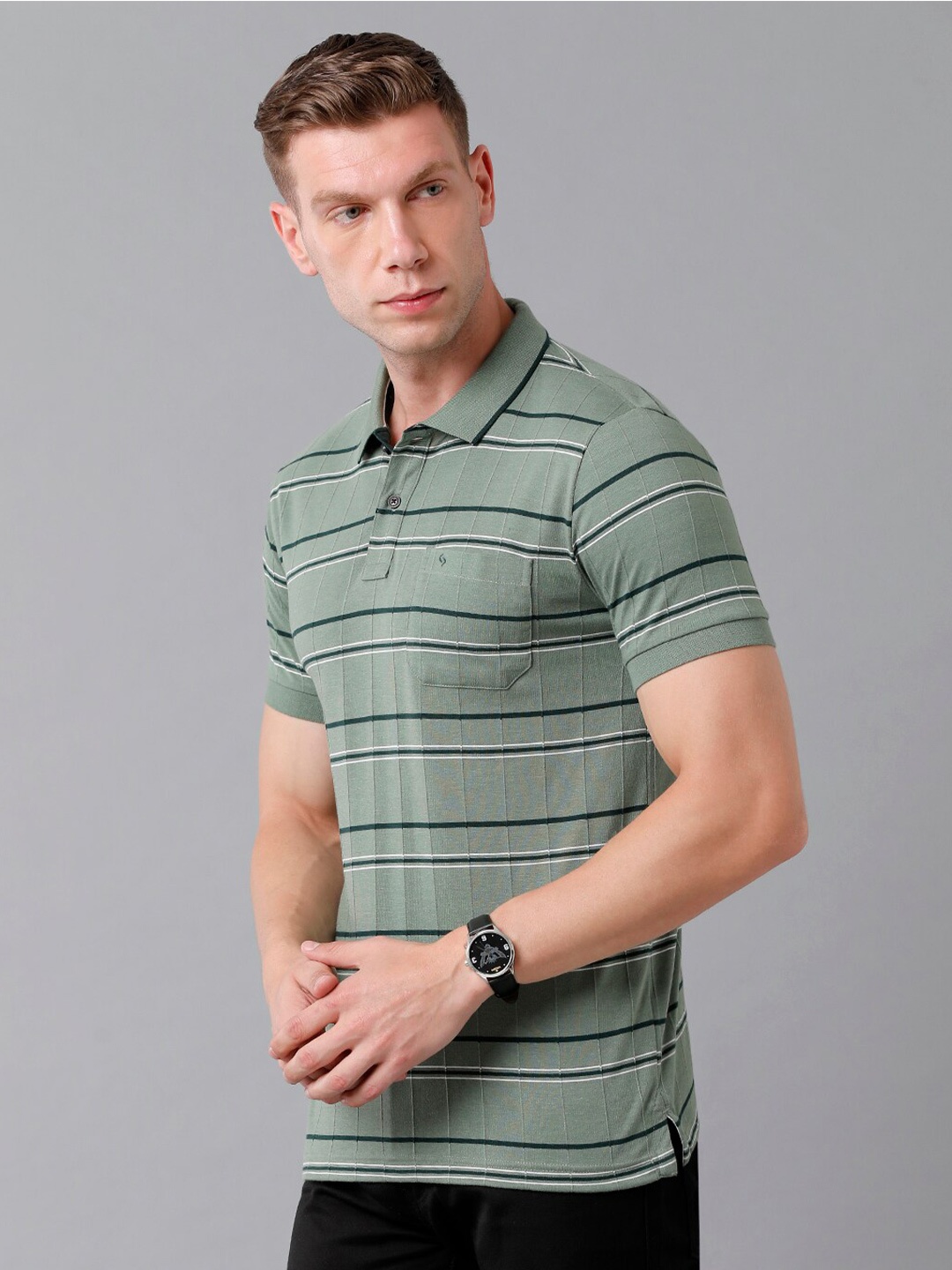 

Classic Polo Men Olive Green Striped Polo Collar Slim Fit Cotton T-shirt
