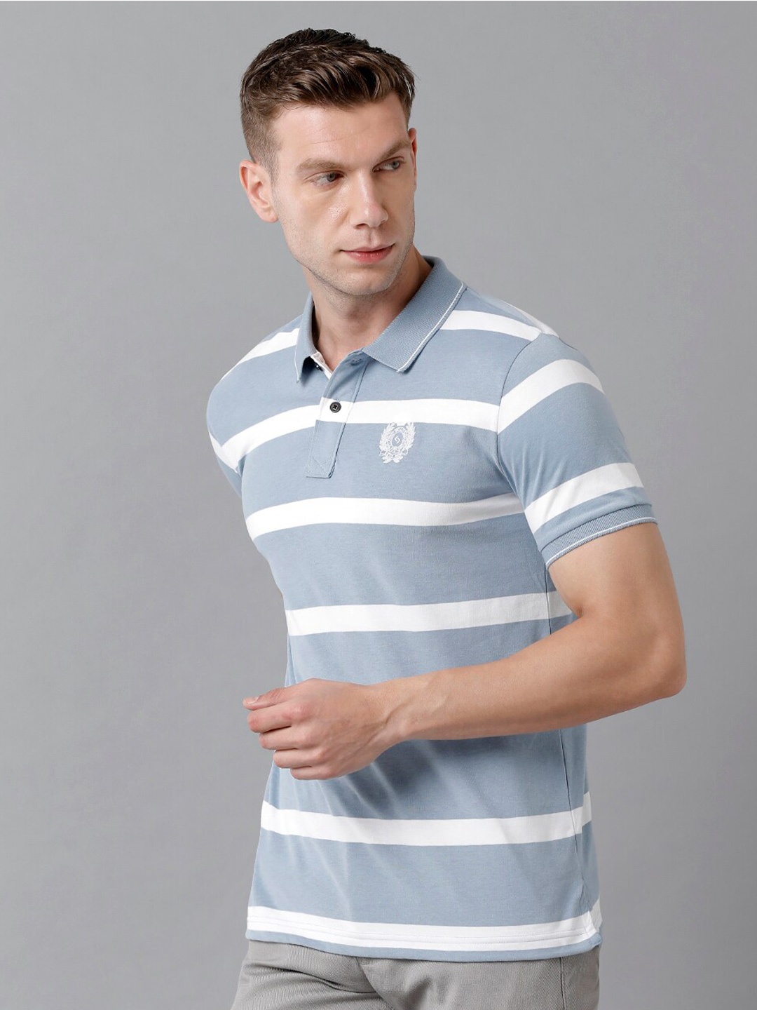 

Classic Polo Men Blue Striped Polo Collar Slim Fit Cotton T-shirt