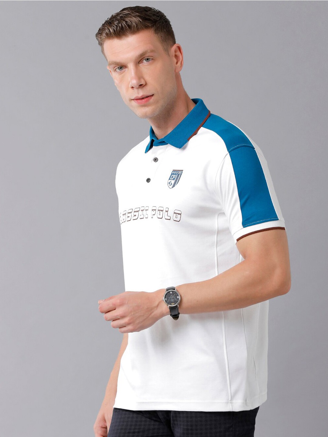 

Classic Polo Men White & Blue Typography Polo Collar Slim Fit Cotton T-shirt