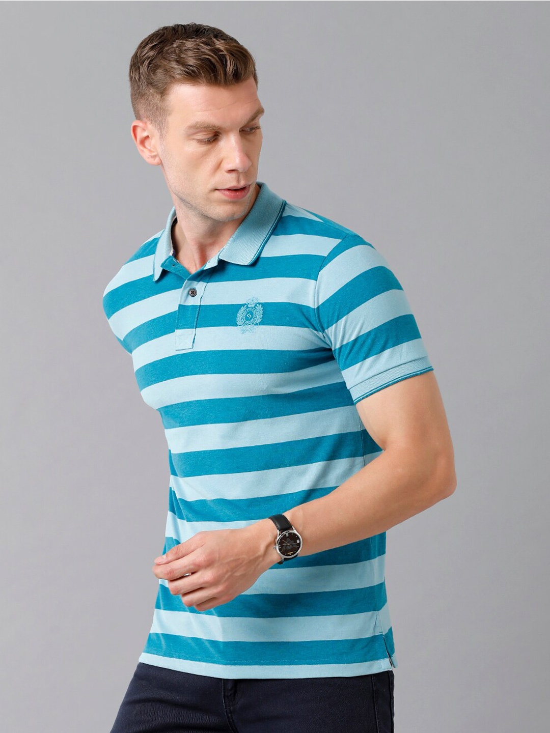 

Classic Polo Men Blue Striped Polo Collar Slim Fit T-shirt