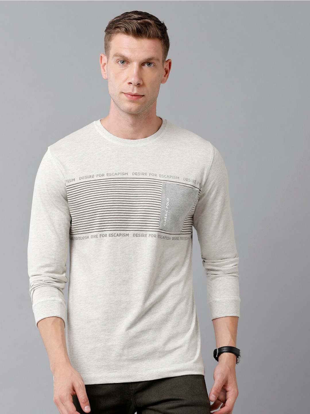 

Classic Polo Men Grey Melange Typography Slim Fit Cotton T-shirt