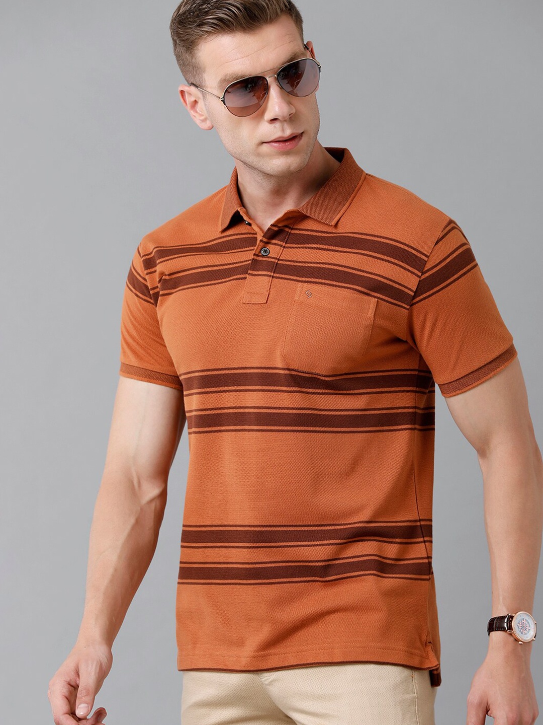 

Classic Polo Men Orange Striped Polo Collar Slim Fit Cotton T-shirt