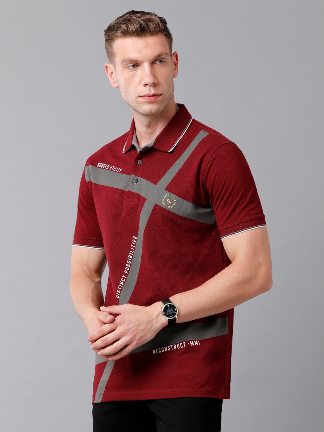

Classic Polo Men Red Typography Printed Polo Collar Slim Fit Cotton T-shirt