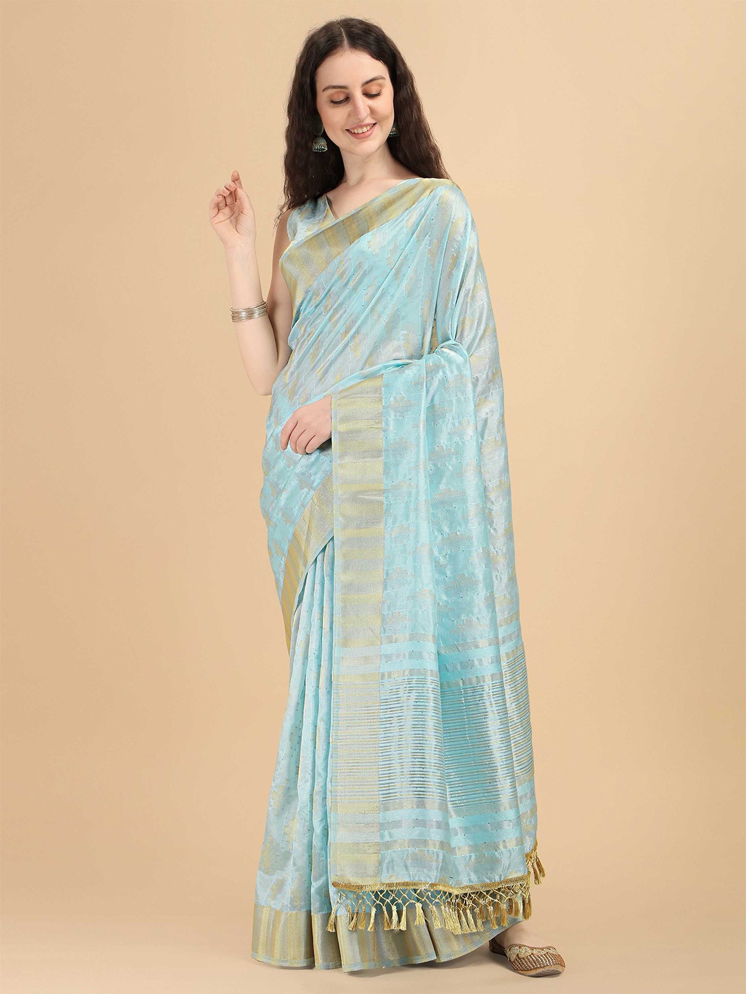 

DUNGRANI Blue & Gold-Toned Woven Design Zari Art Silk Kanjeevaram Saree