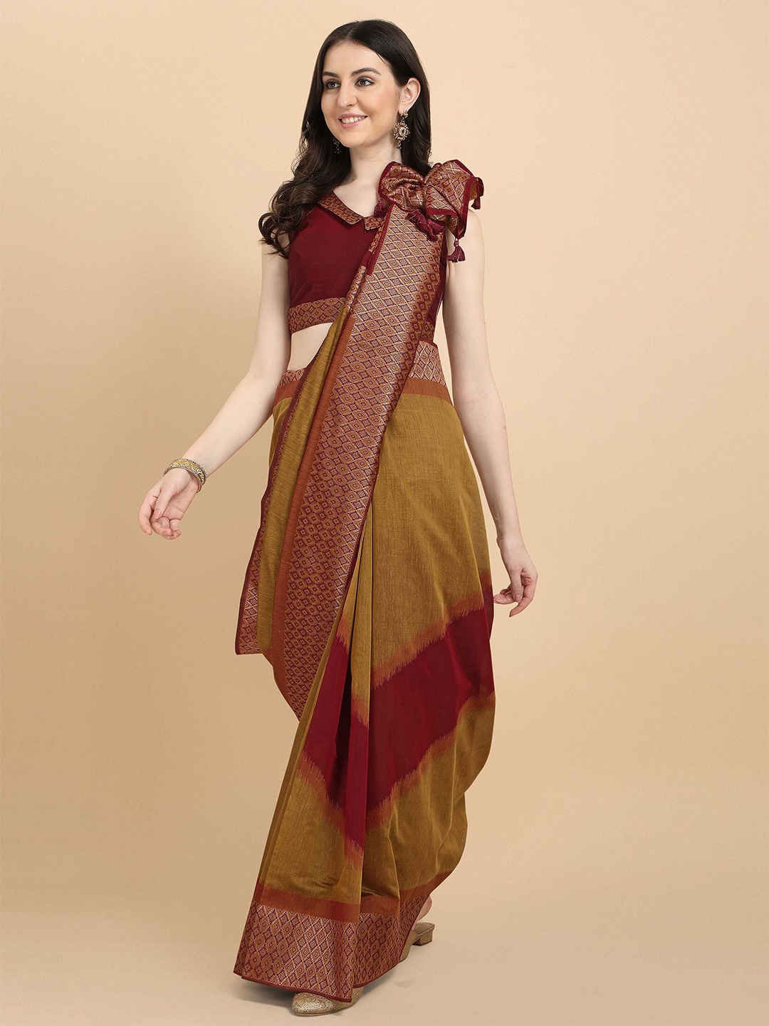 

DUNGRANI Yellow & Maroon Woven Design Art Silk Saree