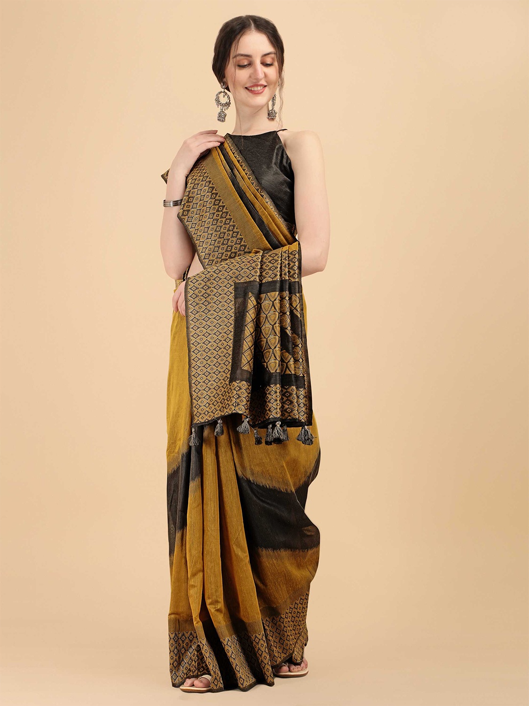 

DUNGRANI Mustard Yellow & Black Woven Design Art Silk Saree