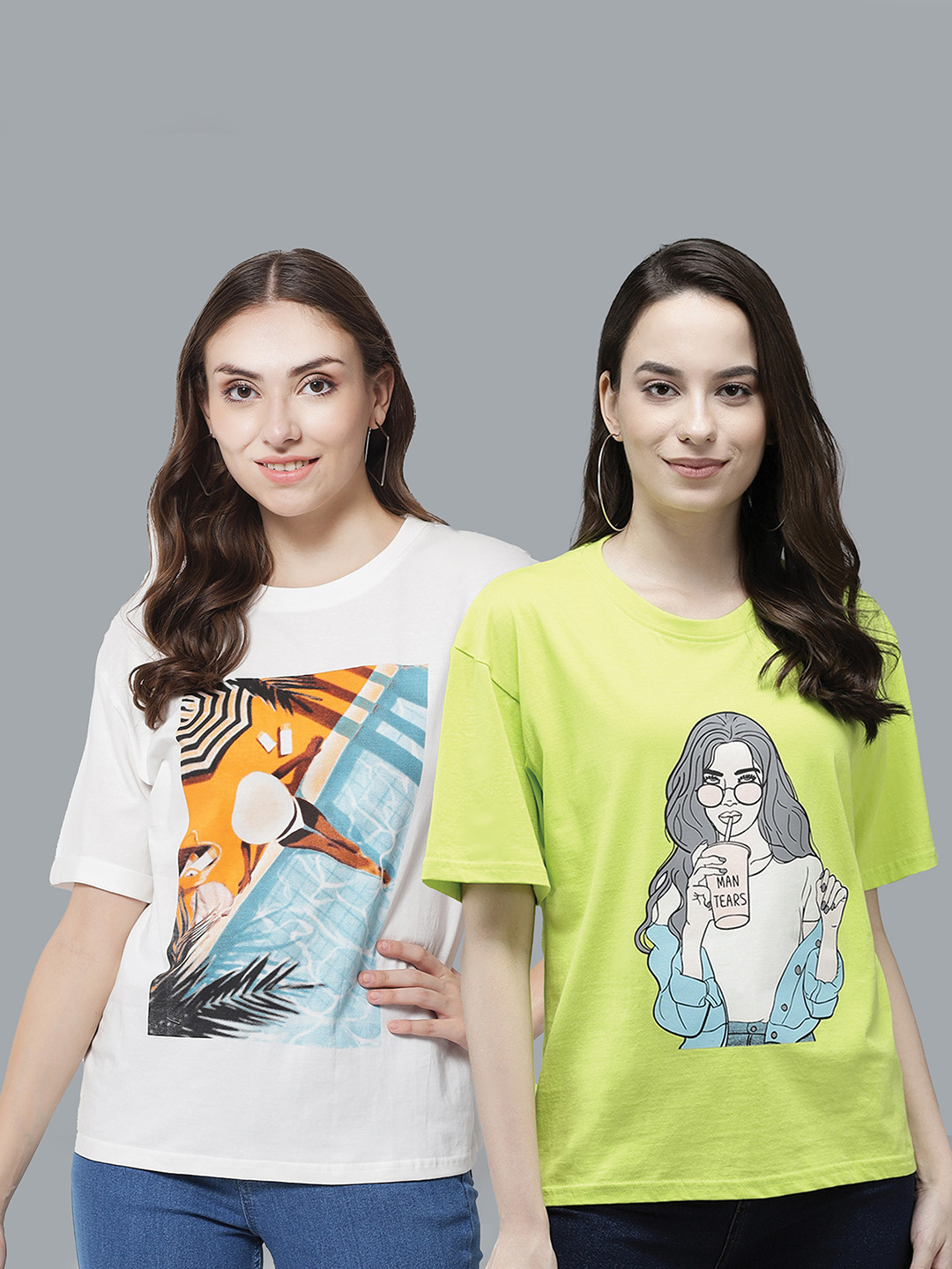

The Dry State Women Fluorescent Green Floral 2 Printed Oversized T-shirt
