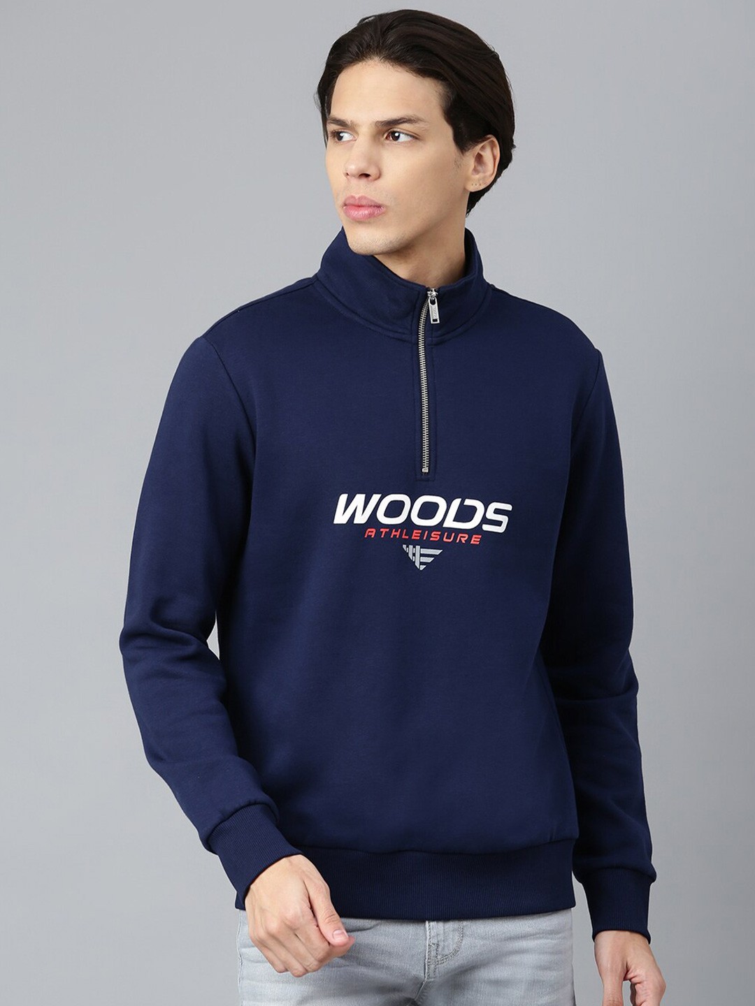 

Woods Men Navy Blue Printed Mock Collar Cotton Sweatshirt