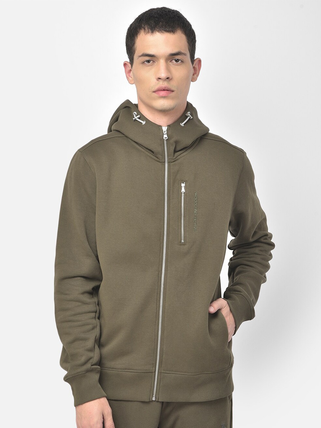 

Woodland Men Olive Green Cotton Hooded Sweatshirt