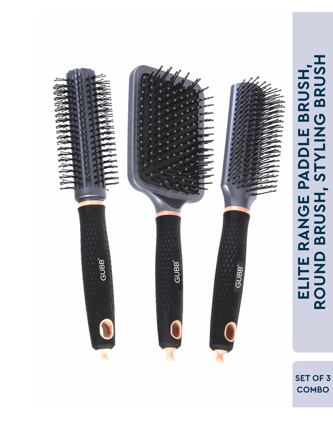 

GUBB Set of 3 Elite Hair Brushes- Round + Paddle + Styling, Black