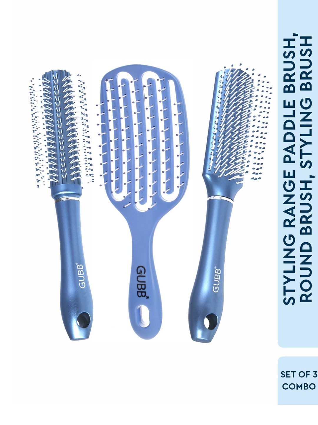 

GUBB Set Of 3 Blue Style Range Paddle With Round & Flat Hair Brush Combs