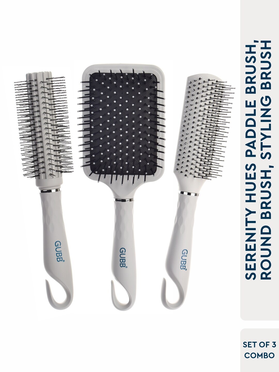 

GUBB Set of 3 Serenity Hair Brushes- Round + Paddle + Styling, Grey