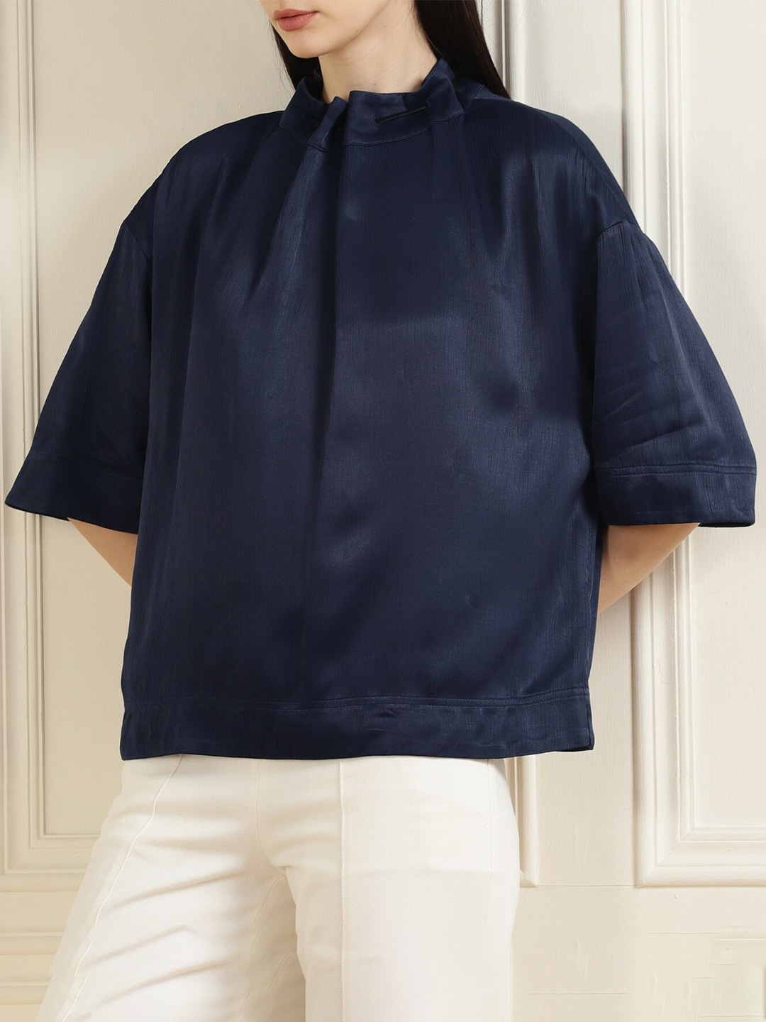 

Ted Baker Navy Blue Extended Sleeves Boxy Top