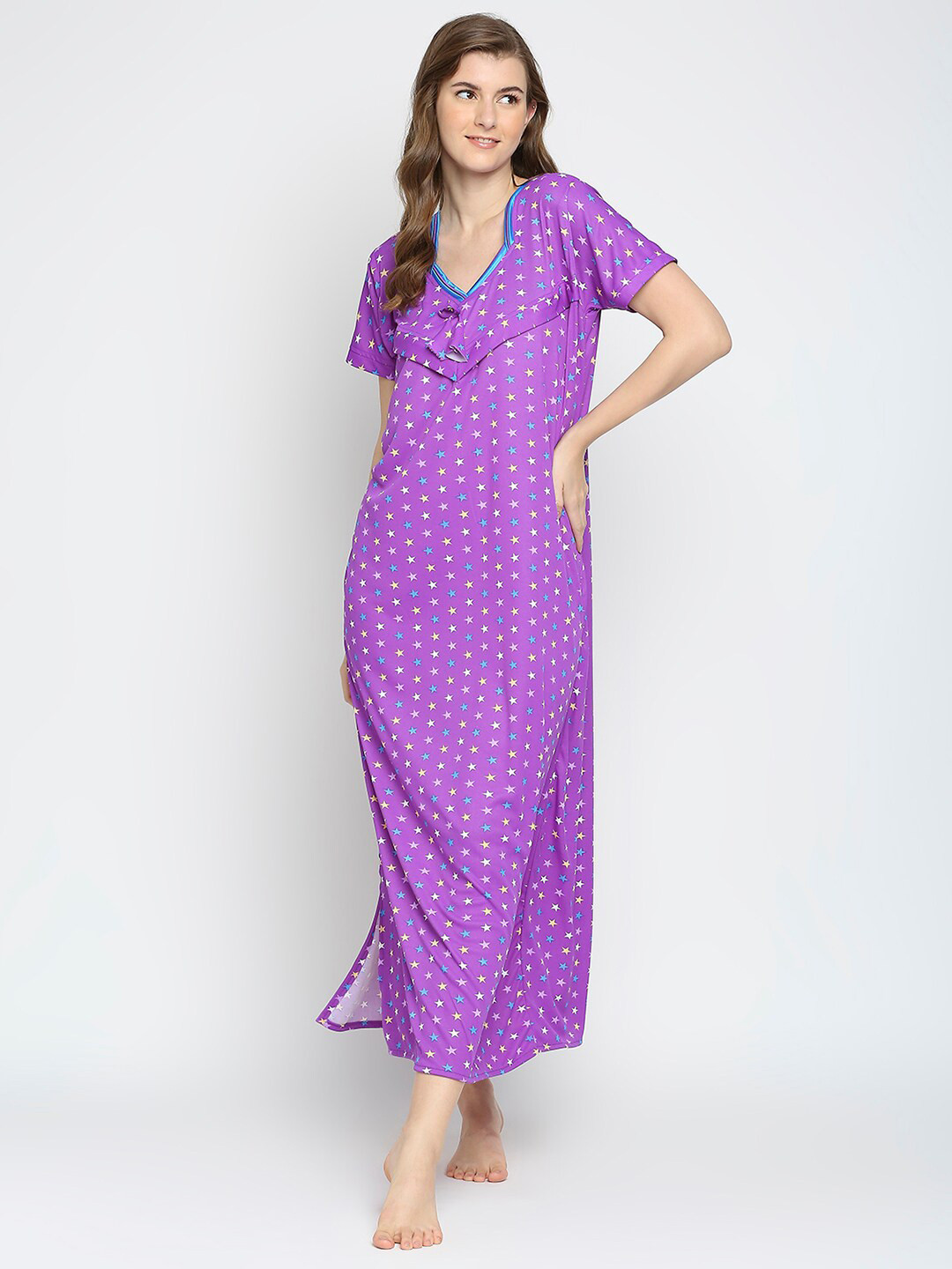 

Pretty Awesome Purple Printed Maternity Maxi Nightdress