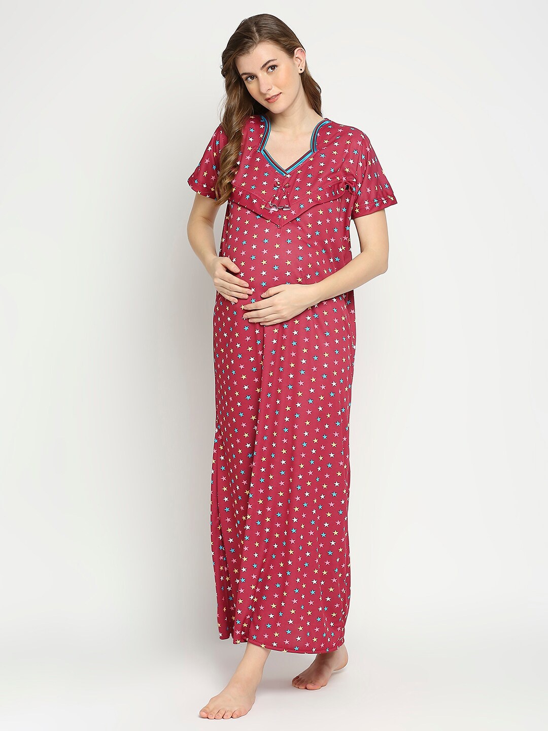 

Pretty Awesome Maroon Printed Maternity Maxi Nightdress