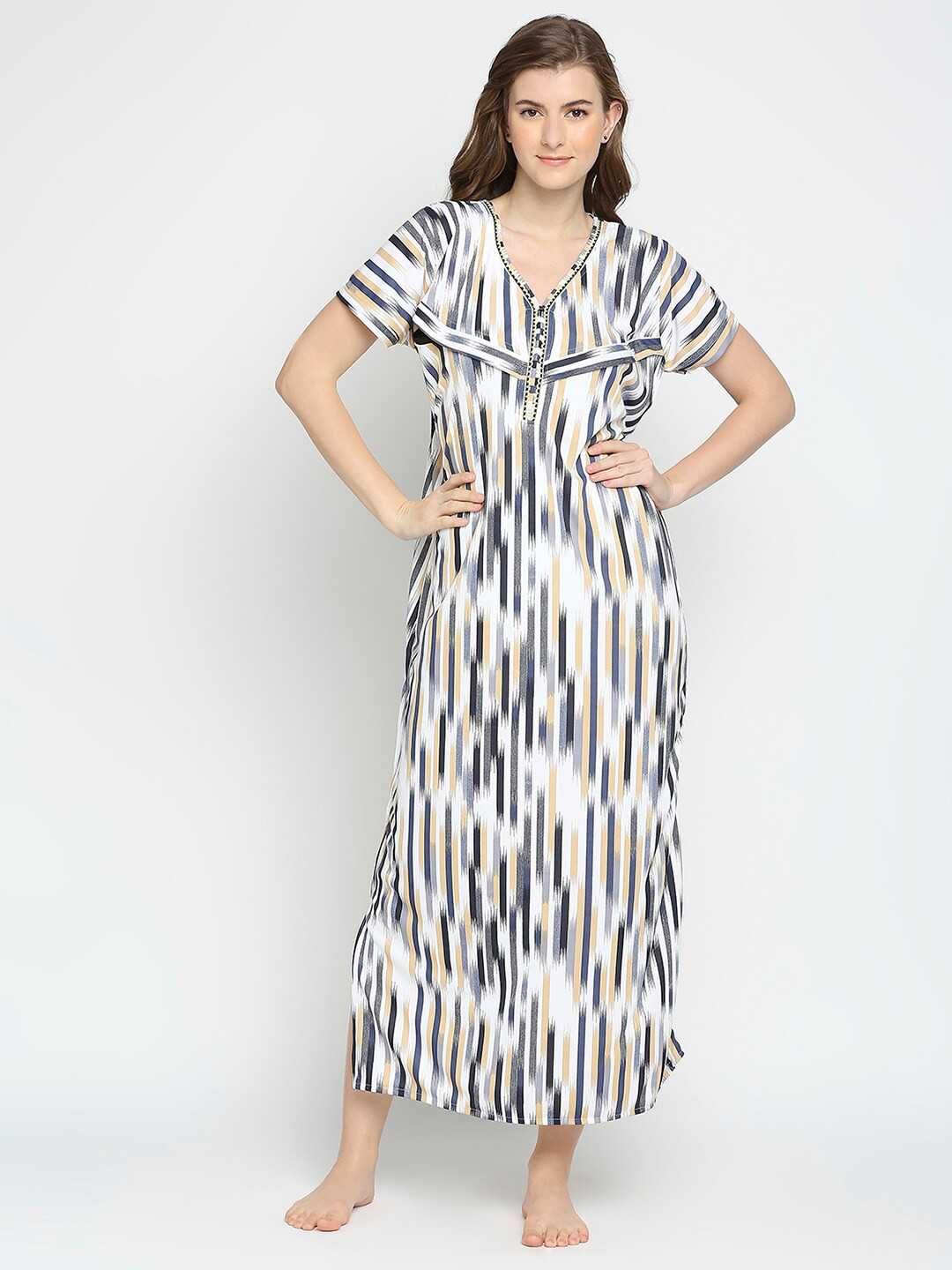 

Pretty Awesome Beige Printed Maternity Maxi Nightdress