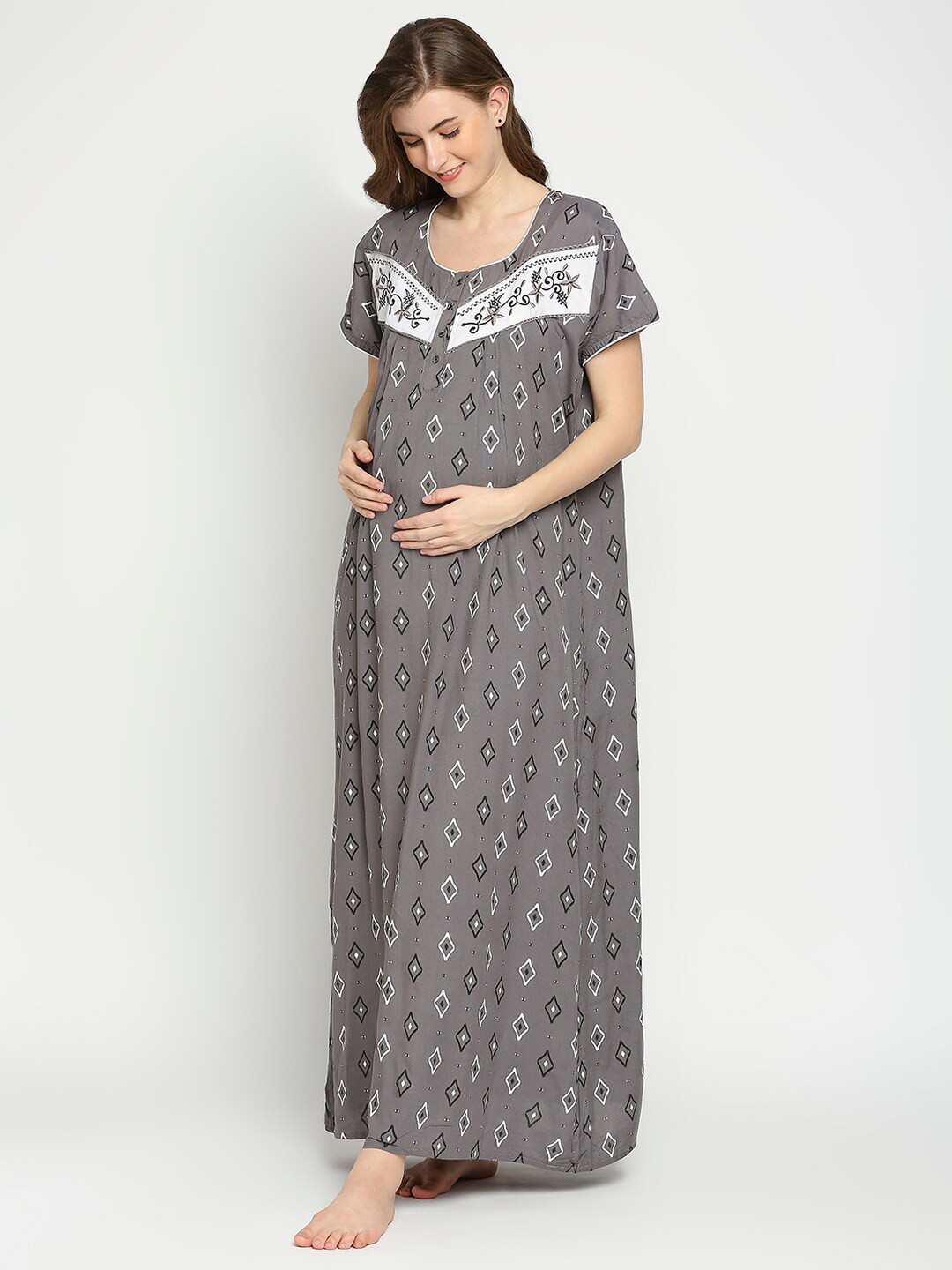 

Pretty Awesome Grey Printed Maternity Maxi Nightdress