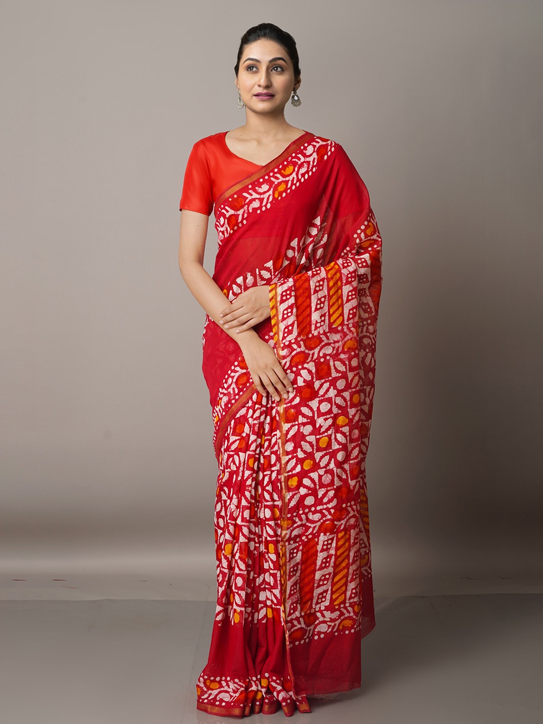 

Unnati Silks Red & White Batik Zari Silk Cotton Chanderi Saree