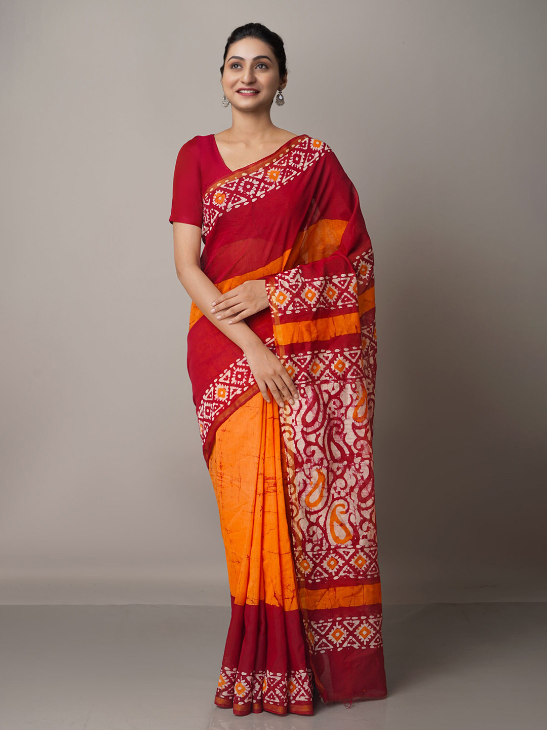 

Unnati Silks Maroon & Orange Batik Silk Cotton Chanderi Saree