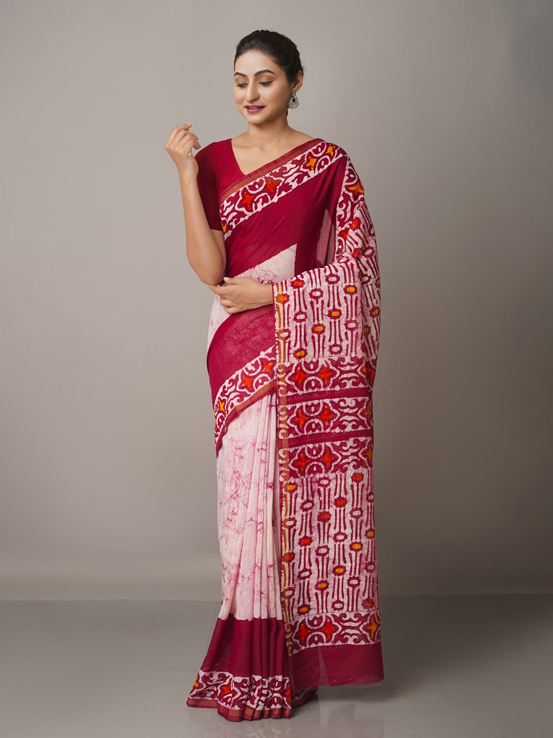 

Unnati Silks Purple & Pink Batik Silk Cotton Chanderi Saree