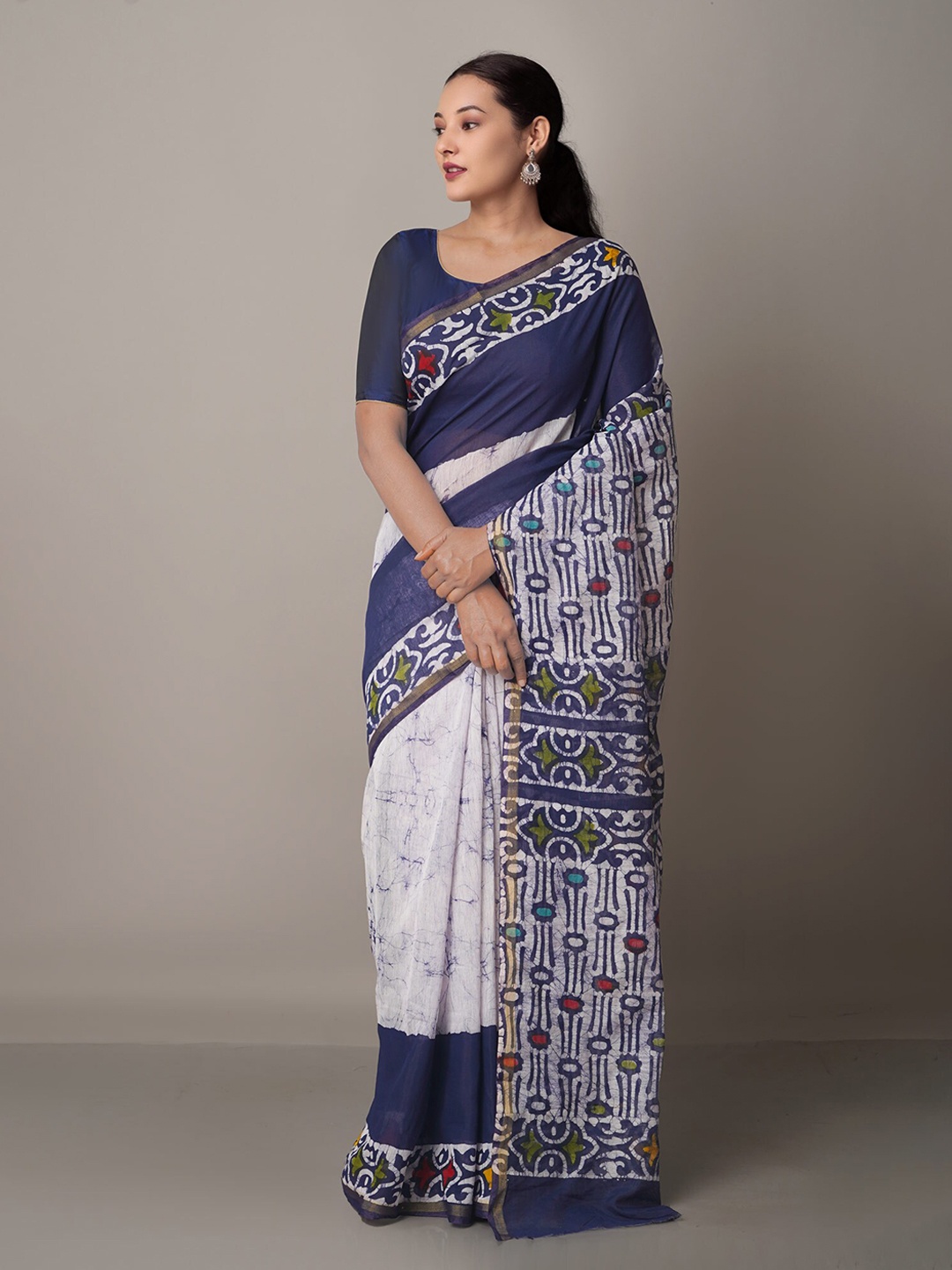 

Unnati Silks Navy Blue & White Batik Silk Cotton Chanderi Saree
