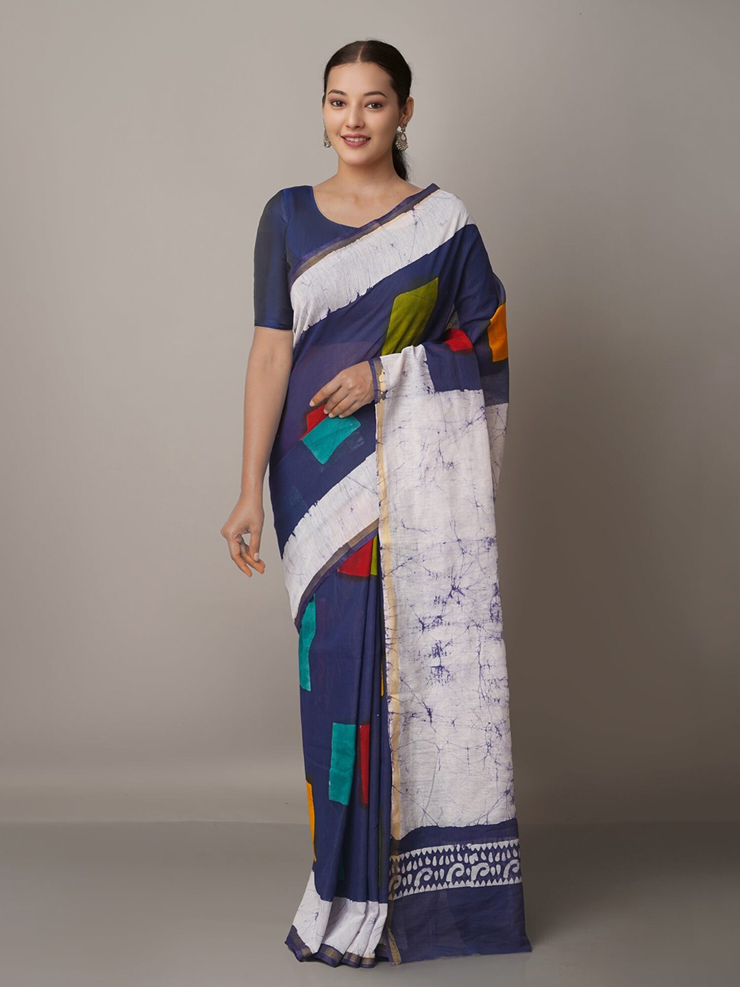 

Unnati Silks Navy Blue & Red Batik Zari Silk Cotton Chanderi Saree